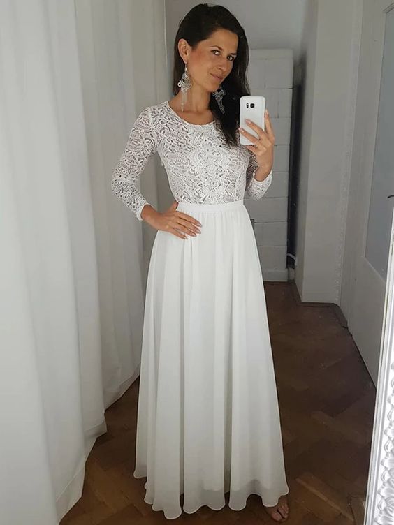 A-Line Round Neck Long Sleeves White Chiffon Prom Dresses With Lace cg7622