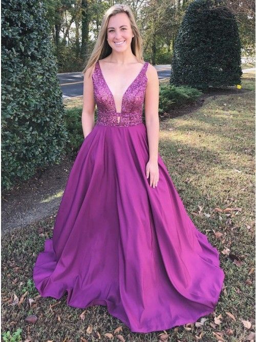A-Line V-Neck Sweep Train Fuchsia Prom Dress with Beading Pockets cg7629