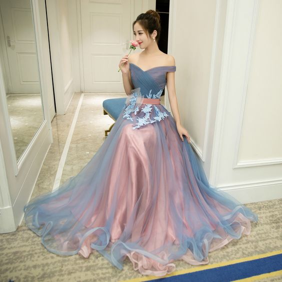 Gray blue prom dress, tulle prom dress, off shoulder prom dress, gray blue evening dress cg7653