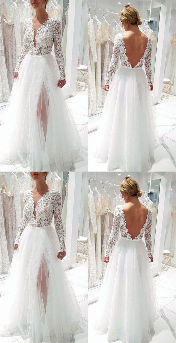 Deep V Neck V Back Wedding prom Dresses with Appliques cg7655