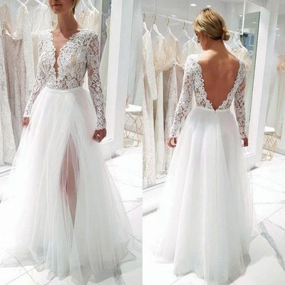 Deep V Neck V Back Wedding prom Dresses with Appliques cg7655