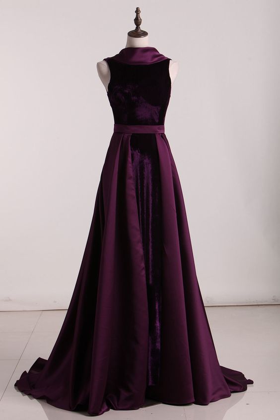 Velvet High Neck Open Back Evening prom Dresses Mermaid Court Train cg7658
