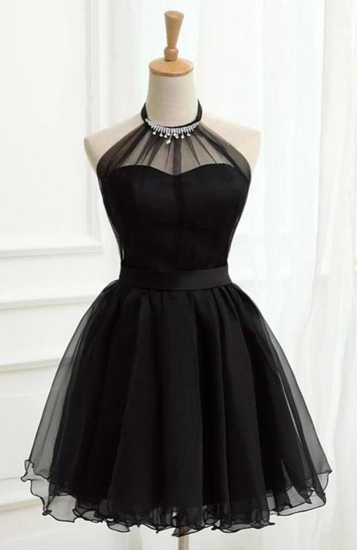 Cute Halter Black Tulle Sleeveless Beads Short Homecoming Dresses cg7661