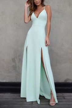 Simple Mint A-line Two Slit V-neck Open Back Long Prom Dress cg7664