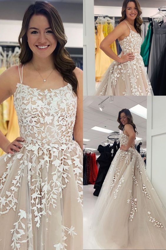modest light champagne prom dresses. chic lace prom gowns cg7669