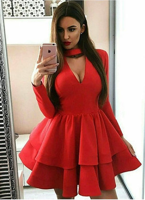 A-Linie Langarm Rotes Homecoming-Kleid mit Rüschen cg768