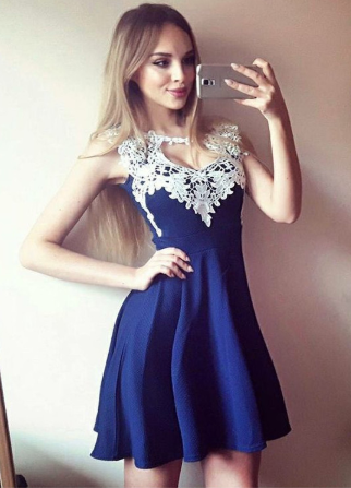 A-Linie Ärmelloses blaues Homecoming-Kleid mit Applikationen cg769