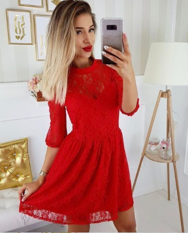 A-Linie Rundhals 3/4 Ärmel Rote Spitze Kurzes Homecoming-Kleid cg770