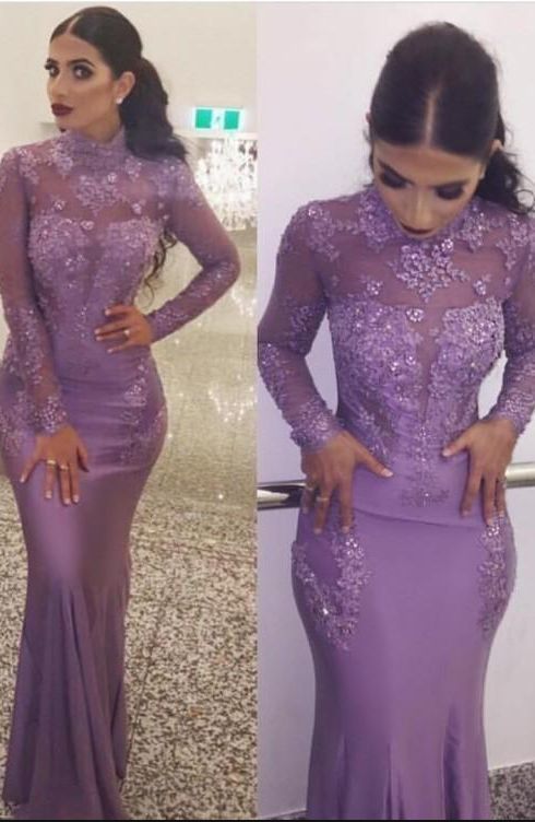 Elegant High Neck Long Sleeve Prom Dresses Long Lace Appliqued cg7713