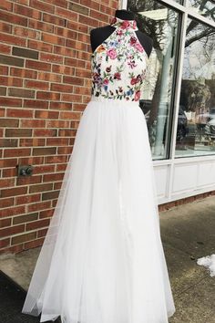 High Neck Two Piece Sky White Long Prom Dress with Embroidery cg7733