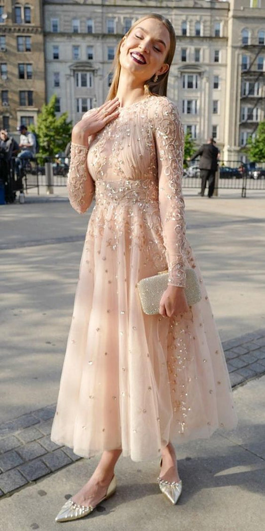 Designer-Kleid in Teelänge mit langen Ärmeln, Pailletten, Spitze, Ballkleid cg7735