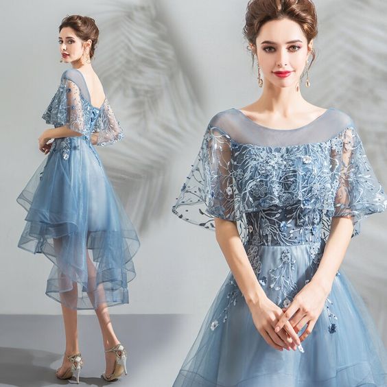Light Blue Prom Dress Short Front Long Back with Wrap Lace Bridsmaids Evening Gown cg7736