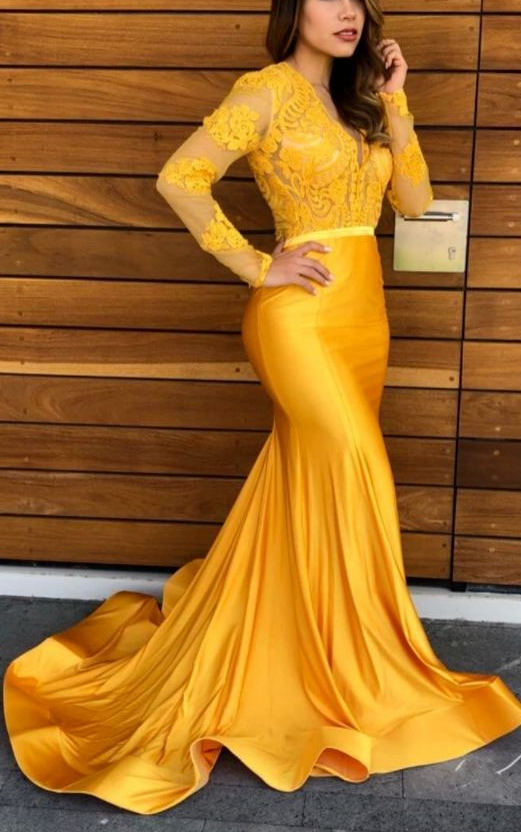 Yellow Lace Mermaid Prom Party Dresses Vintage Sheer Lace V-neck Evening Gowns cg7740