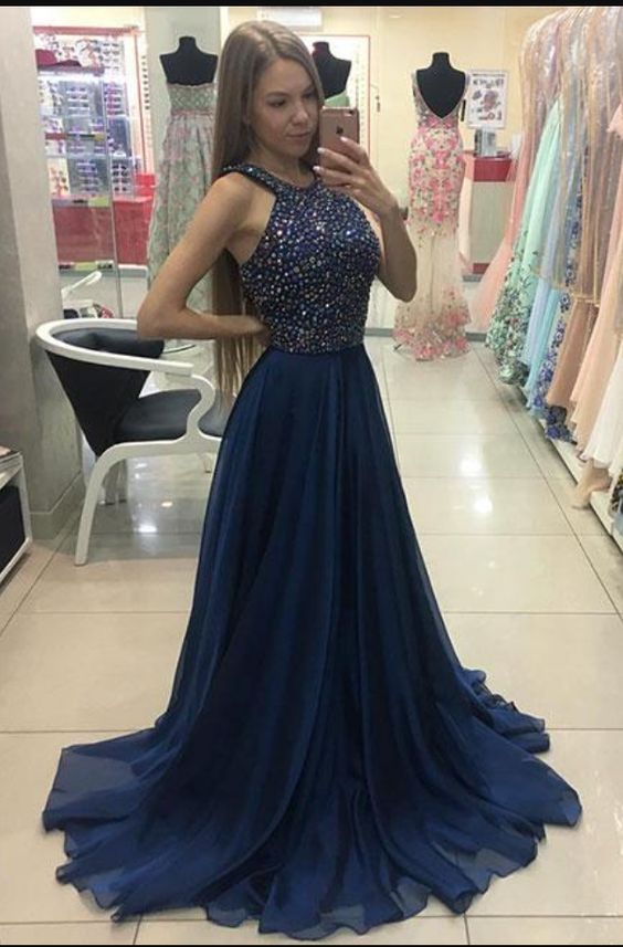 Navy Blue Long Chiffon Beaded Prom Dress New A Line Evening Dress cg7743