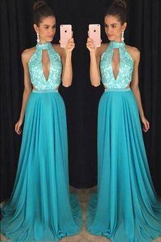 Blue chiffon lace halter round neck sexy long prom dress cg7744