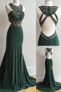 dark green open back mermaid beaded long Prom Dress cg7754