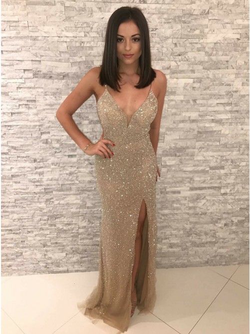 Mermaid Spaghetti Straps Backless Champagne Prom Dress with Sequins cg7755