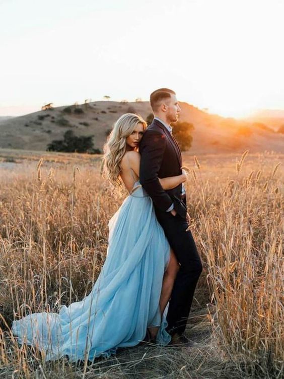 A Line Sky Blue Rustic Chiffon Deep V Neck Slit Summer Beach Wedding prom Dresses cg7778