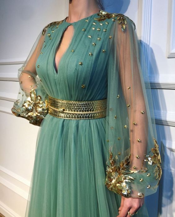 Stars and Gold-shiny Flowers Green Tulle Prom Dress cg7793