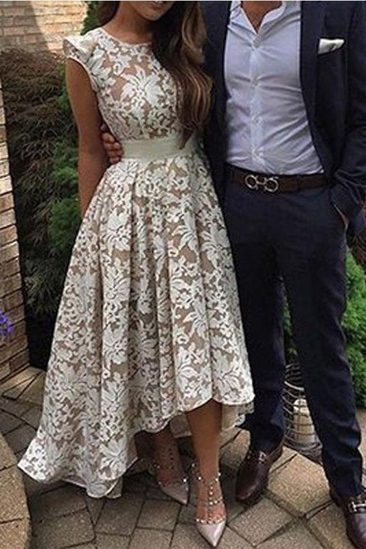 Flügelärmeln Elfenbein Spitze High Low Strand Brautkleider Homecoming Kleid Für Party cg78