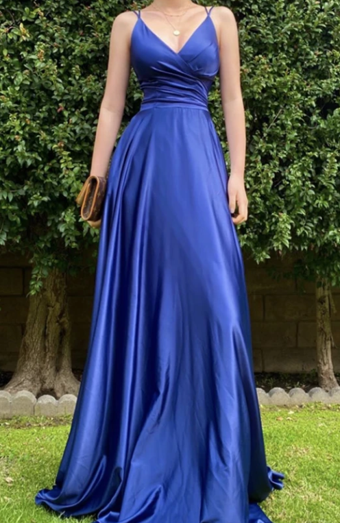 Blue satin long prom dress simple evening dress cg7801