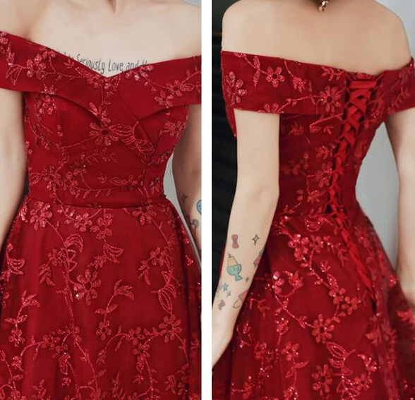 Dark Red Lace Off Shoulder Bridesmaid Dress, Long Prom Dress cg7803