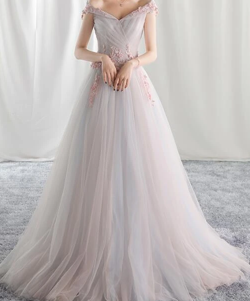 Beautiful Light Pink Tulle Party prom Gown, Off Shoulder Evening Dress cg7806