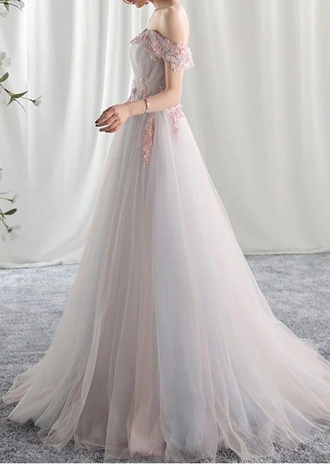 Beautiful Light Pink Tulle Party prom Gown, Off Shoulder Evening Dress cg7806