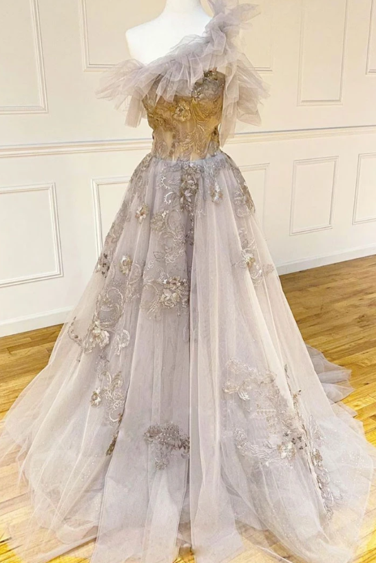 Champagne tulle lace long prom dress lace formal dress cg7807