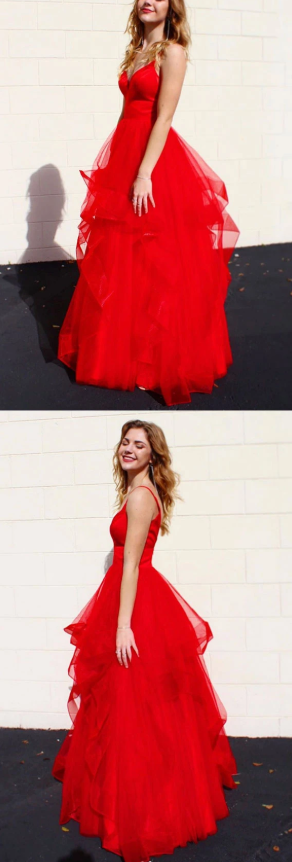 Red v neck tulle long prom dress red tulle formal dress cg7808
