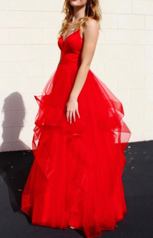 Red v neck tulle long prom dress red tulle formal dress cg7808