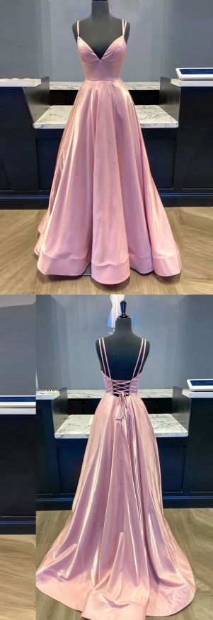 Simple v neck pink satin long prom dress pink formal dress cg7810