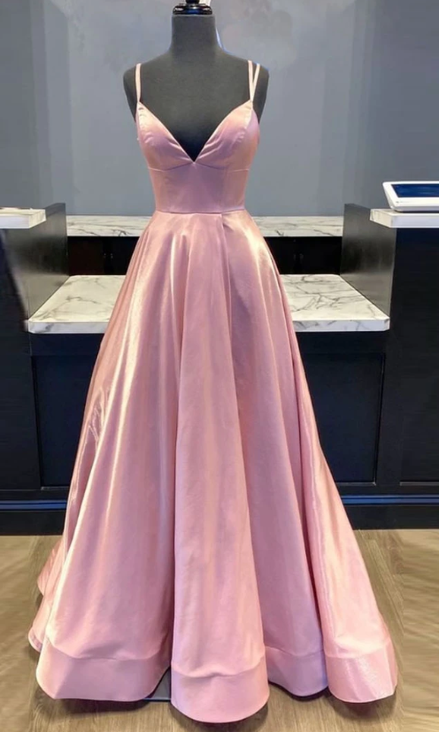 Simple v neck pink satin long prom dress pink formal dress cg7810