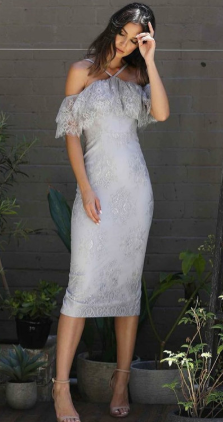 Etuikleid, schulterfrei, graue Spitze, Heimkehrkleid, Party-Brautjungfernkleid mit Rüschen cg782