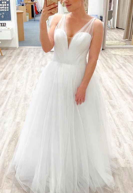 Weißes langes Ballkleid aus Tüll mit V-Ausschnitt, weißes Abendkleid aus Tüll, cg7822