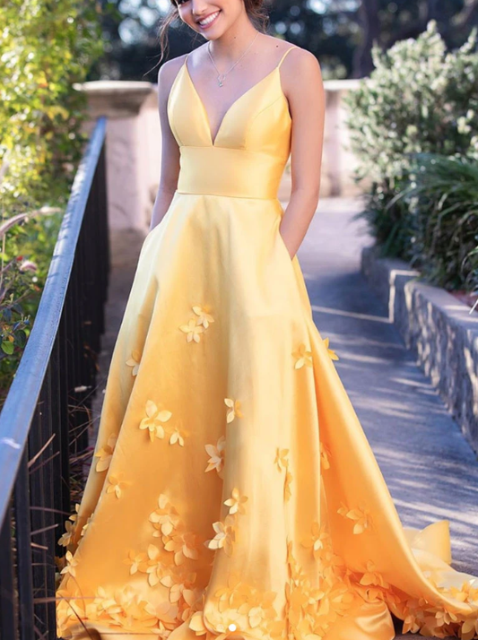 Gelbes langes Ballkleid aus Satin, gelbes Abendkleid cg7825