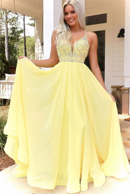 GELBES V-AUSSCHNITT CHIFFON PERLEN LANGES BALLKLEID GELBES FORMELLES KLEID cg7831