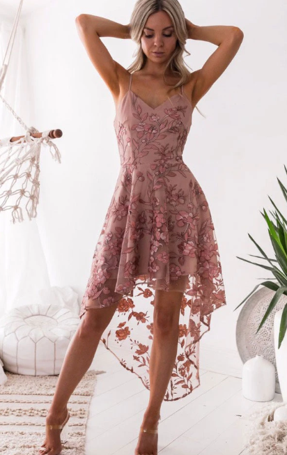 Rosa V-Ausschnitt Tüll Spitze High Low Ballkleid Spitze Brautjungfernkleid cg7833