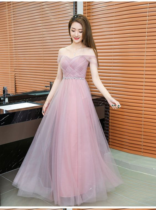 Rosa Langes Brautjungfernkleid Herzausschnitt Tüll Plissee Ballkleid cg7847