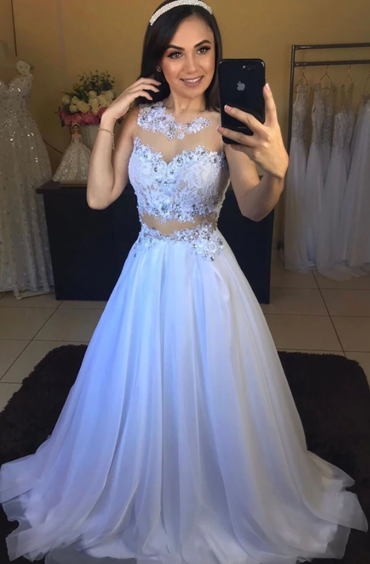 Weißes langes Ballkleid mit Rundhalsausschnitt und Tüllspitze, weißes Abendkleid, cg7862