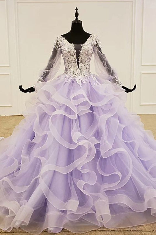 2020 Lavendel Abendkleid mit langen Ärmeln Tüll Rüschen Perlen Spitze Frauen Abendkleid cg7866