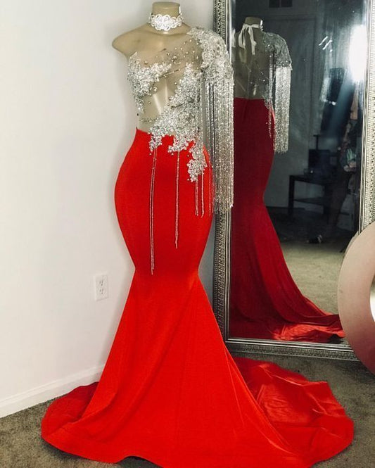 Quasten-Ballkleider, One-Shoulder-Ballkleider, Meerjungfrau-Ballkleider, Rotes Ballkleid cg7879
