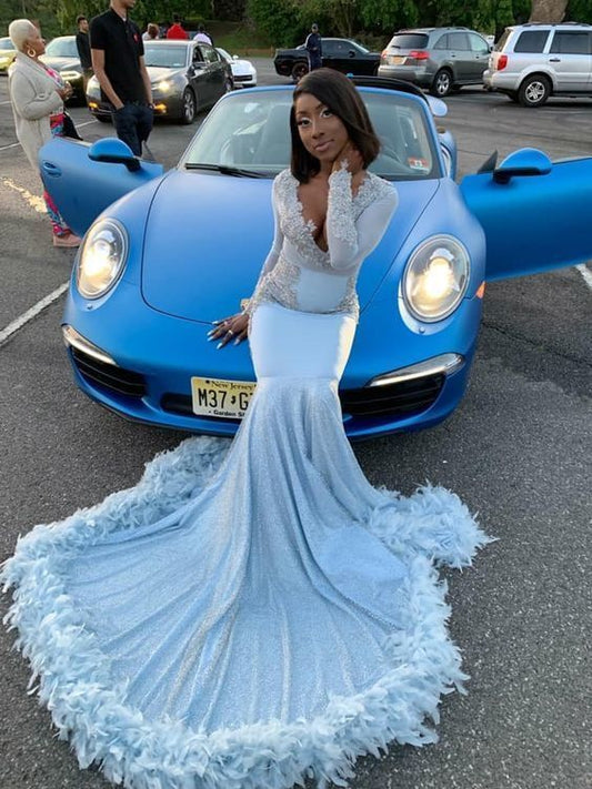 Sexy Afrikanische Langarm Meerjungfrau Abendkleid Federn Formale Abendkleider Party Kleider cg7906