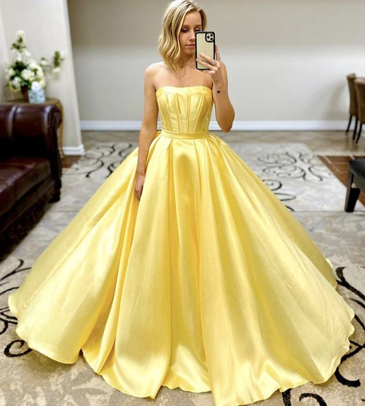 Gelbes langes Ballkleid aus Satin, gelbes Abendkleid, cg7939