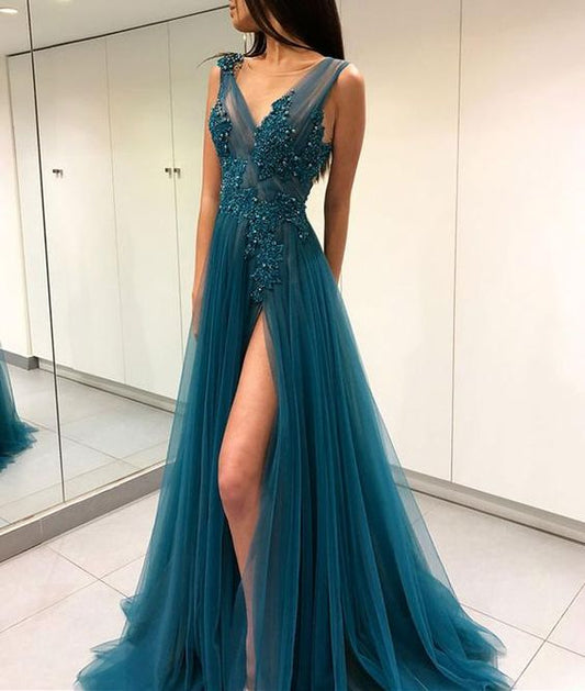 Mode V-Ausschnitt A-Linie Langes Ballkleid Halbformelle Kleider Hochzeitsfeierkleid cg794