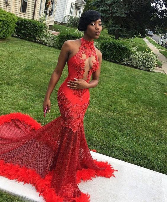hochgeschlossenes rotes Meerjungfrau-Ballkleid mit Applikationen cg7950