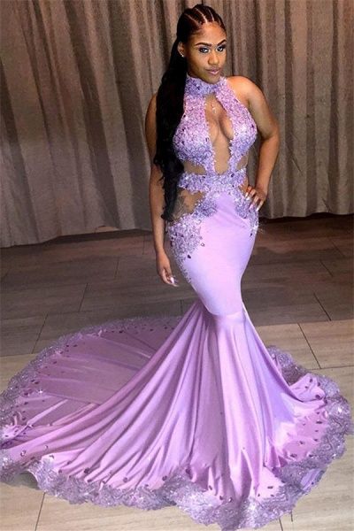 Schlichtes Neckholder-Meerjungfrauen-Ballkleid aus Spitze cg7968