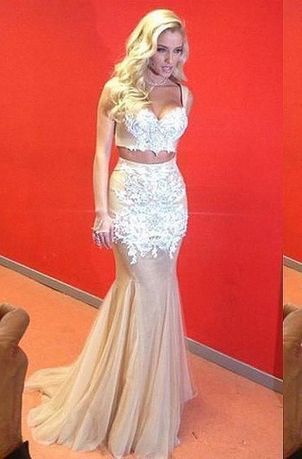 Tight Prom Dresses, Lace Spliced Mermaid/Trumpet Tulle Two Pieces Prom Dresses cg7977