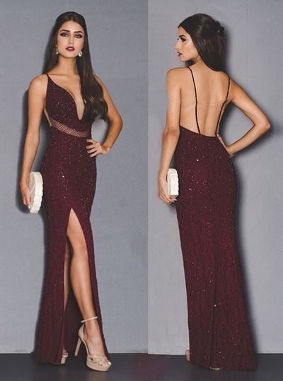 2019 Beliebtes Burgunderrotes, langes Ballkleid mit Perlen, V-Ausschnitt, offener Rücken, sexy Abendkleid, cg800