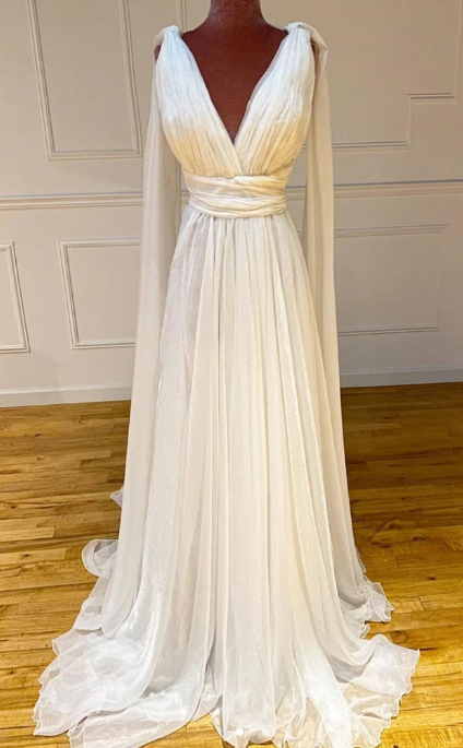 Weißes Chiffon-Ballkleid mit V-Ausschnitt, lang, weißes Abendkleid, cg8017